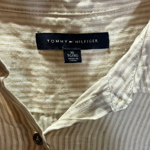 Tommy Hilfiger 100% Linen Button Down Shirt XL Beige Stripe  Roll Tab Casual Top - Picture 2 of 6